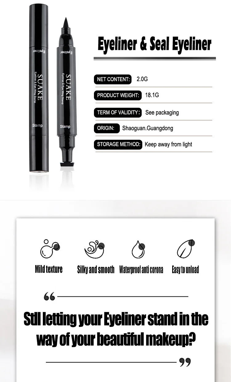 2 In1 Winged Stamp Liquid Eyeliner Pencil Water Proof Fast Dry Double-ended Black Seal Eye Liner Pen Make Up for Women Cosmetics